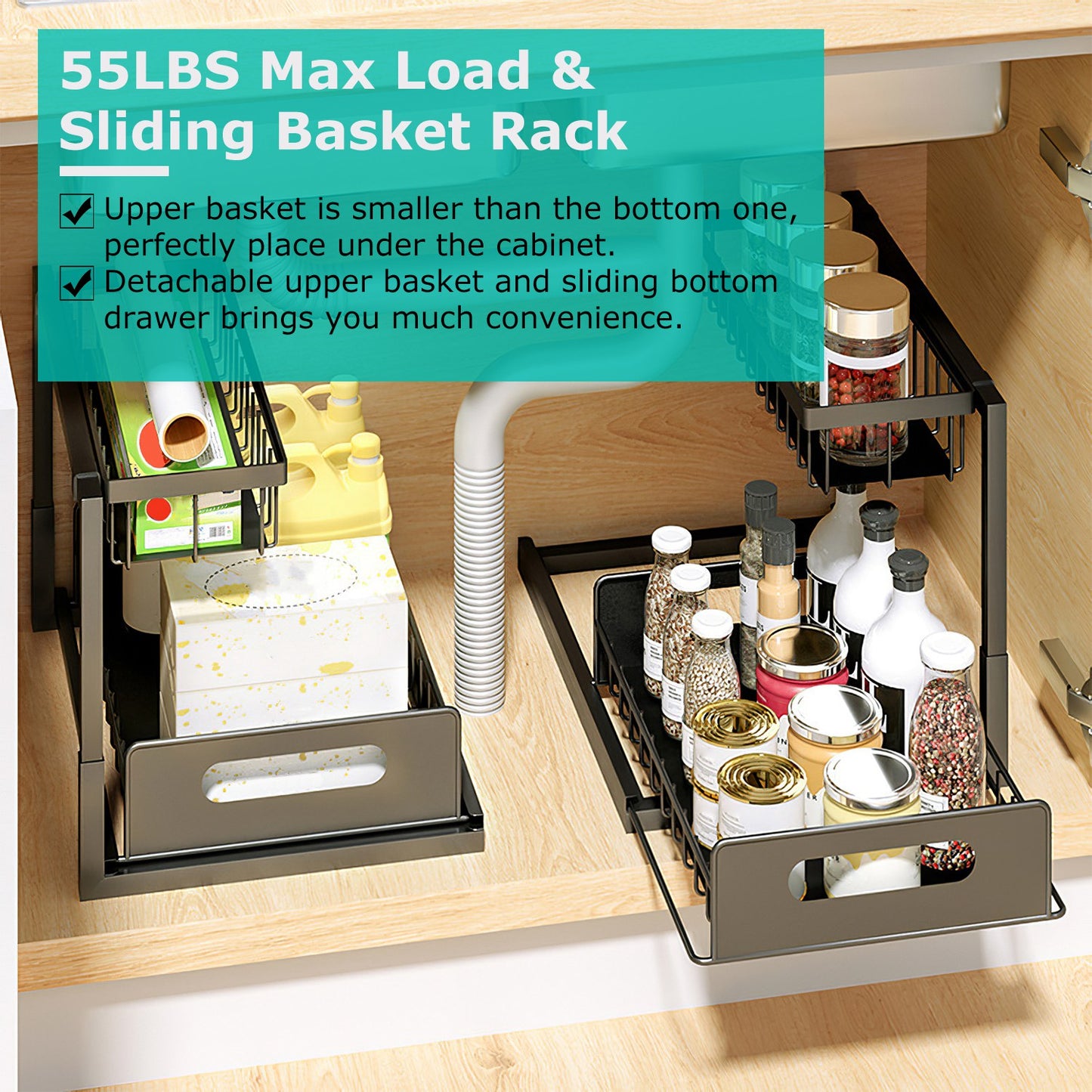 2 Tier Under Sink Organizers Pull Out Under Cabinet Basket Storage Shelf Sliding Drawer For Kitchen Bathroom